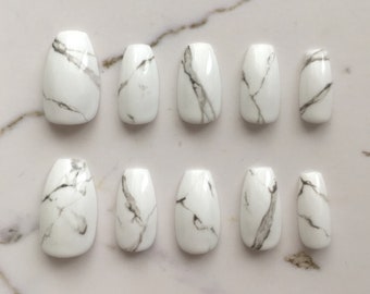 Reusable White Stone Marble Press-On Nails (Matte or Glossy)