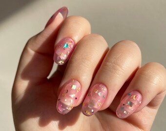 Reusable Pink Sea Glass Terrazzo Press-On Nails (with shell pieces + gold flake)