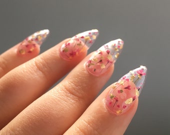 Reusable Real Pressed Dried Flowers (with Gold/Silver Flake) Press-On Nails (clear base)