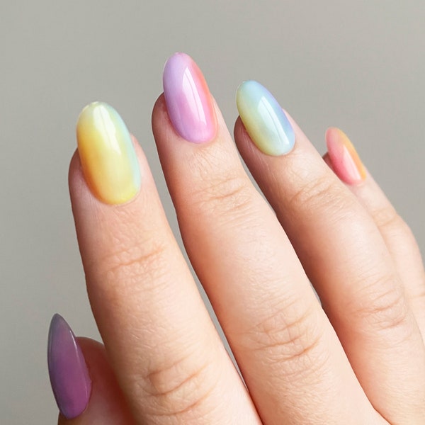 Reusable Milky Pastel Rainbow Press-On Nails (Glossy)