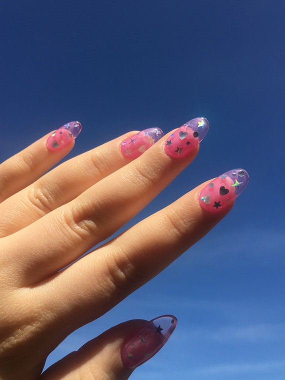 Reusable Jelly Press-on Nails With Holographic Sequins - Etsy Reusable Jelly Press-on Nails With Holographic Sequins - Etsy