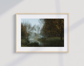 Moody River Bridge Print – Foggy Woodland Wall Art – Dark Nature Photography – Nordic & Rustic Decor – Horizontal Landscape