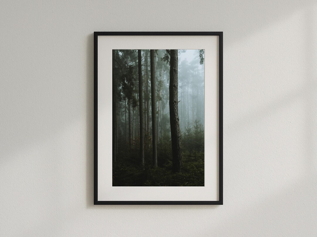 Misty Forest Wall Art Print – Vertical Foggy Woodland Poster – Dark ...