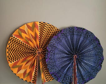 African Cotton 2 Folding Fans Round Windmill Style with Leather Trim