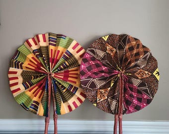 African Cotton 2 Folding Fans Round Windmill Style with Leather Trim