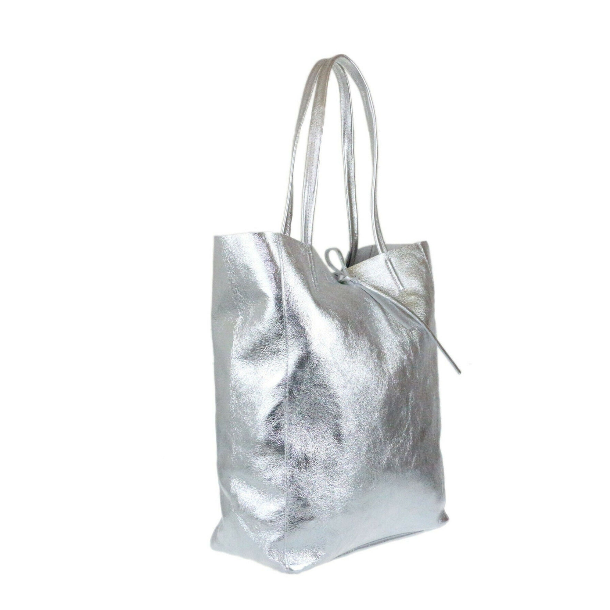 Silver Soft Leather Shopper Tote Bag Silver Leather Shoulder Etsy
