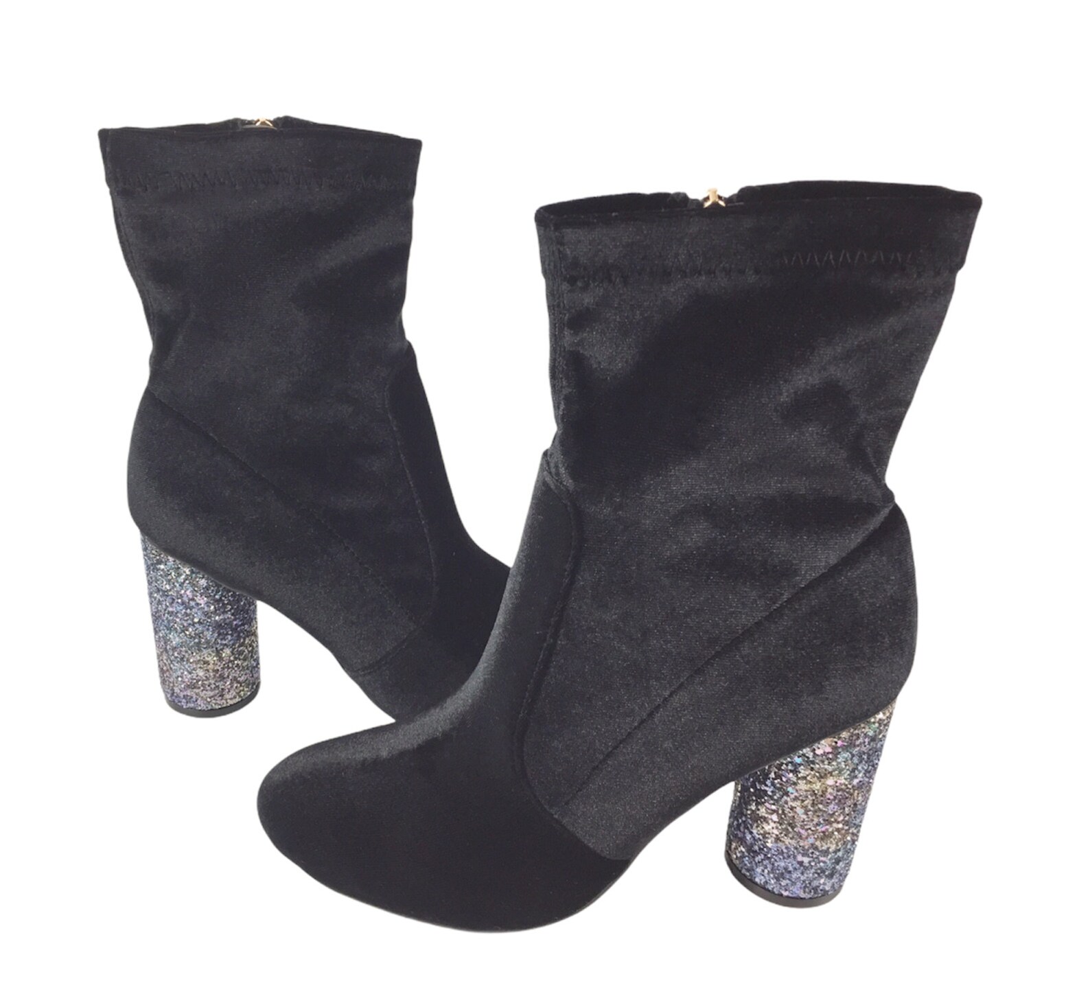 Womens Ladies Black Velvet Glitter Block Heel Shoes Ankle Etsy