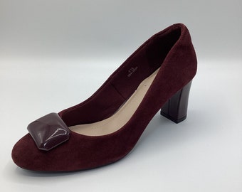 M&S Womens Ladies Burgundy Suede Mid Heel Wide Fit Court Shoes Size UK 4.5 New Defects