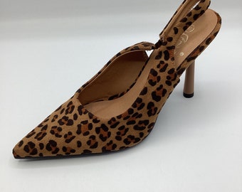 Womens Leopard Print Faux Suede High Heel Slingback Shoes Size UK 3 4 5 8 BN