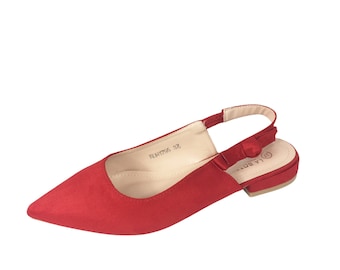 Womens Ladies Red Faux Suede Low Heel Slingback Bow Shoes Size UK 4 5 6 7 8 New