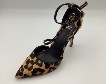 Faith Leopard Print Ponyhair Leather High Heel Strappy Court Shoes Size UK 4 New