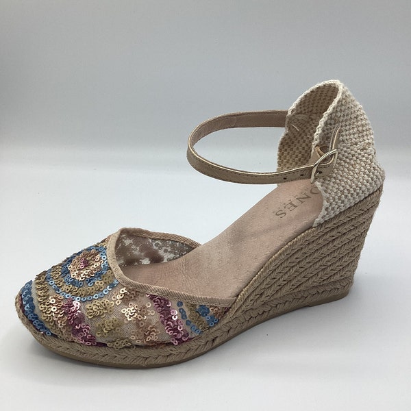 Jones Bootmaker Multicoloured Textile Wedge Heel Espadrille Sandals Size 4 Used