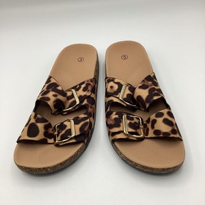Womens Leopard Print Faux Suede Flat Shoes Sandals Sliders Size 3 4 8 New image 2