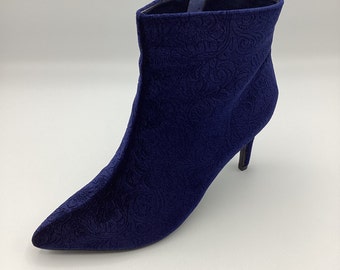 Womens Ladies Blue Velvet High Heel Floral Shoes Ankle Boots Size UK 6 New