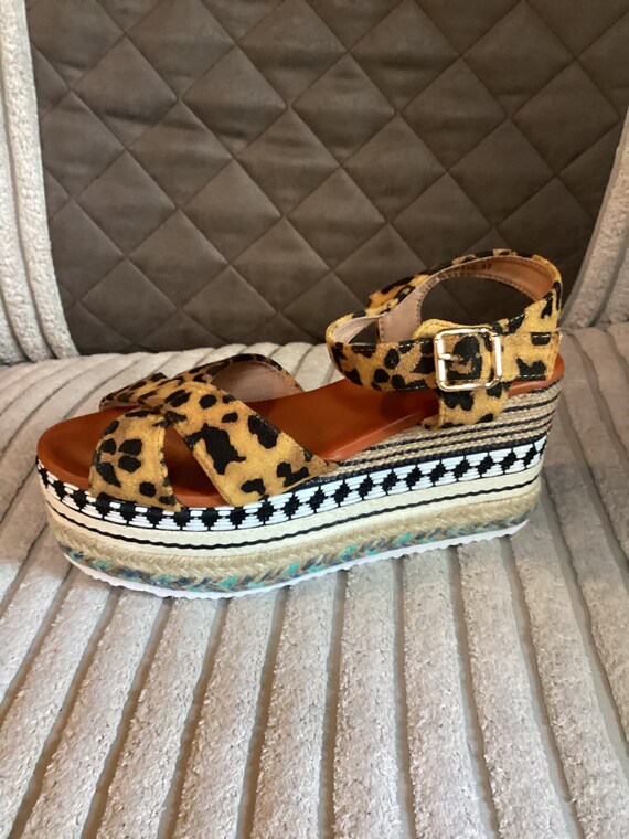 Womens Leopard Print Faux Suede Jute Wedge Heel Shoes Sandals - Etsy UK