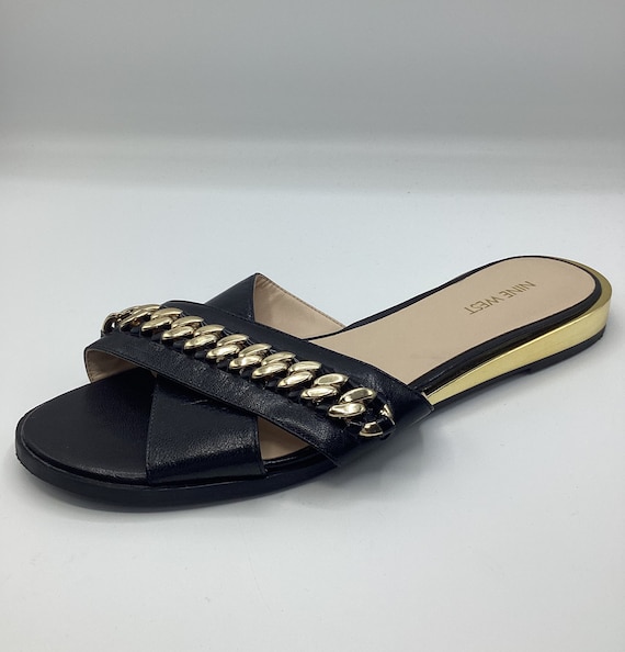 Nine West Womens Ladies Black Leather Flat Sandals Slides Sliders