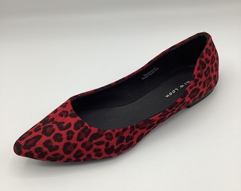 New Look Womens Red Leopard Print Faux Suede Flat Ballet Shoes Size 6 Used Once