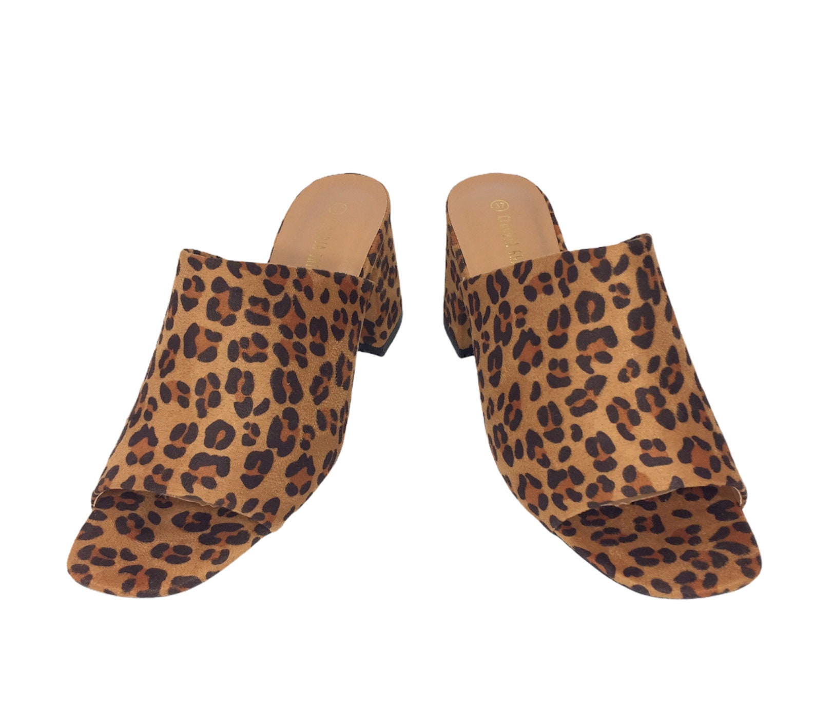 Womens Leopard Print Faux Suede Mid Heel Mule Shoes Sandals Etsy