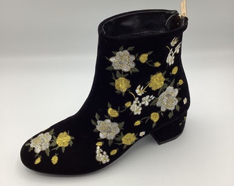 Topshop Womens Black Floral Velvet Mid Heel Winter Ankle Boots Size UK 5 Used