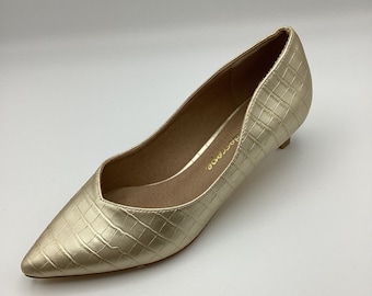 Kaleidoscope Gold Faux Leather Mock Croc Kitten Heel Court Shoes Size UK 4 Used