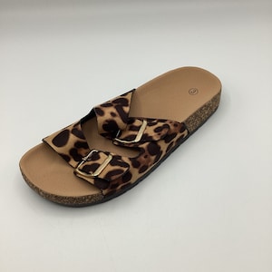 Womens Leopard Print Faux Suede Flat Shoes Sandals Sliders Size 3 4 8 New image 1