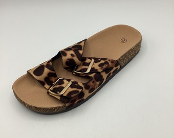 Womens Leopard Print Faux Suede Flat Shoes Sandals Sliders Size 3 4 8 New
