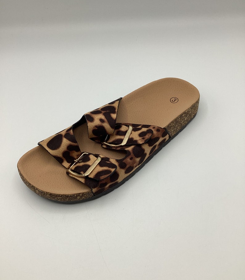 Womens Leopard Print Faux Suede Flat Shoes Sandals Sliders Size 3 4 8 New image 1