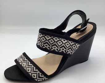 Clarks Image Weave Black Suede Textile Wedge Heel Shoes Sandals Size UK 7D New