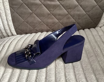 Next Womens Navy Faux Suede Mid Heel Slingback Loafers Shoes Size UK 3 New Defect
