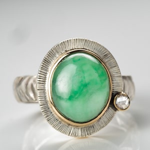 Apple green jadeite ring, silver & 14K gold lady ring, bezel set oval jadeite, Apple green jade oval, classic jade and rose cut diamond ring