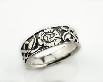 Hand sawed silver band, floral silver band, oxydized silver band, silver band, celtic silver ring, unique silver band, custom handmade ring
