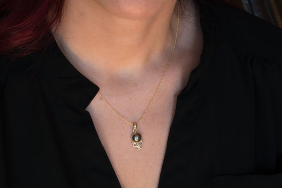 8.5-9mm Top Qualité TAHITIAN BLACK PEARL 14K or Jaune Bague Diamant