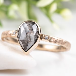 Engagement pear gray diamond ring/Rose cut salt & pepper diamond/Bezel set diamond/Solid 14K satin finish gold/pavé set accent white diamond