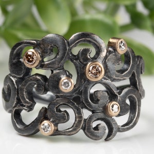 Silver swirl arabesque ring, random full bezel set diamonds, Women's black silver rings with diamonds, natural champagne and white diamond