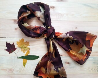 Womens brown silk scarf Maple leaves scarf Long silk scarf - gift for women - autumn scarf - chocolate color scarf - natural scarf - silk