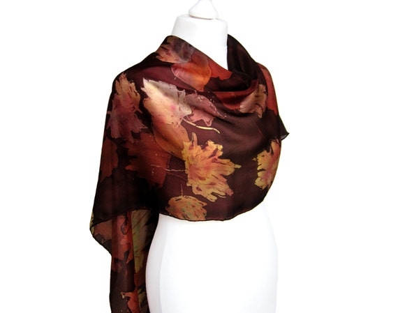 Womens brown silk scarf Maple leaves scarf Womens silk | Etsy
