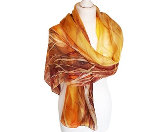 Yellow Scarf, Brown Scarf, Leaves Scarf, Gift For Her Scarf, Silk Shawl, Light Scarf, Summer Scarf, Gift for Mom, Spring Gift For Her