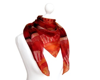 Women Scarf Red - Red Scarf Gift - Red Women Gift - Painted Silk Scarf - Boho Scarf Women - Christmas Gift Mom - Red Silk Scarf