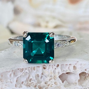Asscher Cut Emerald Ring, Green Emerald Engagement Ring, Unique Engagement Ring, May Birthstone, 14k, Platinum
