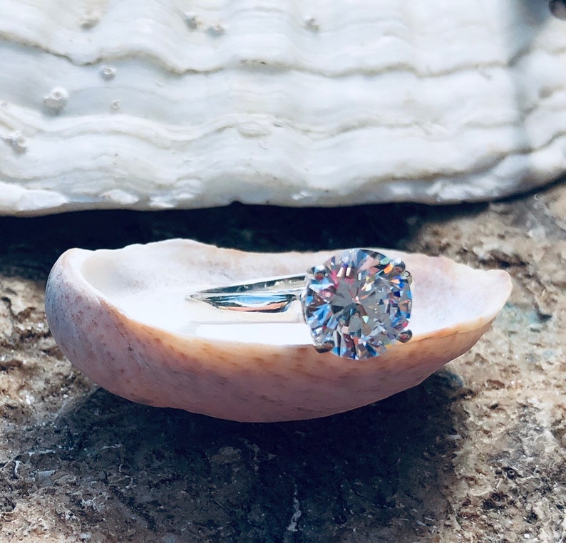 CZ Ring Heart Setting Engagement Ring CZ Engagement Ring Solitaire Setting Round Brilliant Engagement Ring