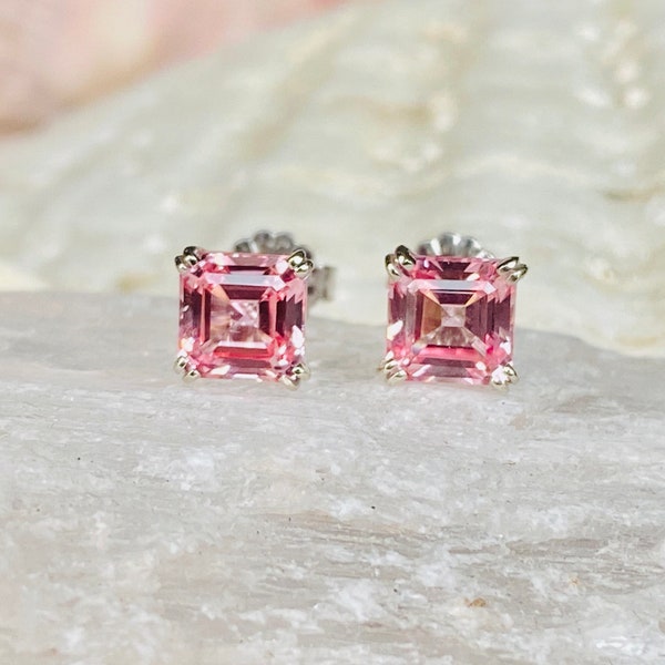 14k Asscher Cut  Pink Sapphire Earrings, Padparadscha Earrings, Asscher Cut Stud Earrings, Padparadscha Sapphire Earrings, Bridesmaid Gift