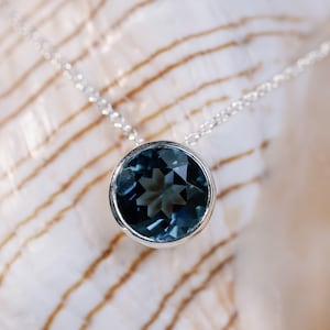 London Blue Topaz Bezel Necklace, Topaz Bezel Necklace, Round London Blue Topaz Necklace, 2.00ct Round Natural Blue Topaz