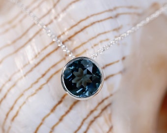 London Blue Topaz Bezel Necklace, Topaz Bezel Necklace, Round London Blue Topaz Necklace, 2.00ct Round Natural Blue Topaz