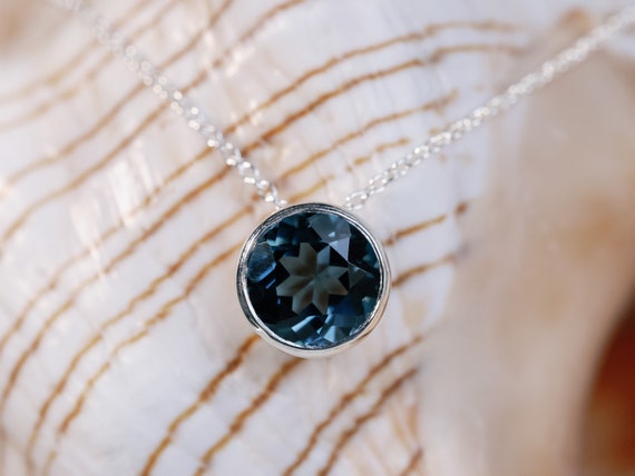 London Blue Topaz Bezel Necklace, Topaz Bezel Necklace, Round London Blue Topaz Necklace, 2.00ct Round Natural Blue Topaz
