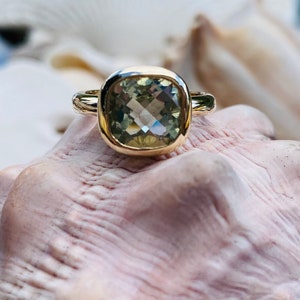 14k Prasiolite Ring, Green Amethyst Ring, Cushion Cut Prasiolite Ring, Prasiolite Solitaire Ring, Large Prasiolite Ring