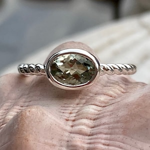 Prasiolite Ring, Green Amethyst Ring, Oval Prasiolite Ring, East West Oval Prasiolite Ring, Prasiolite Solitaire Ring