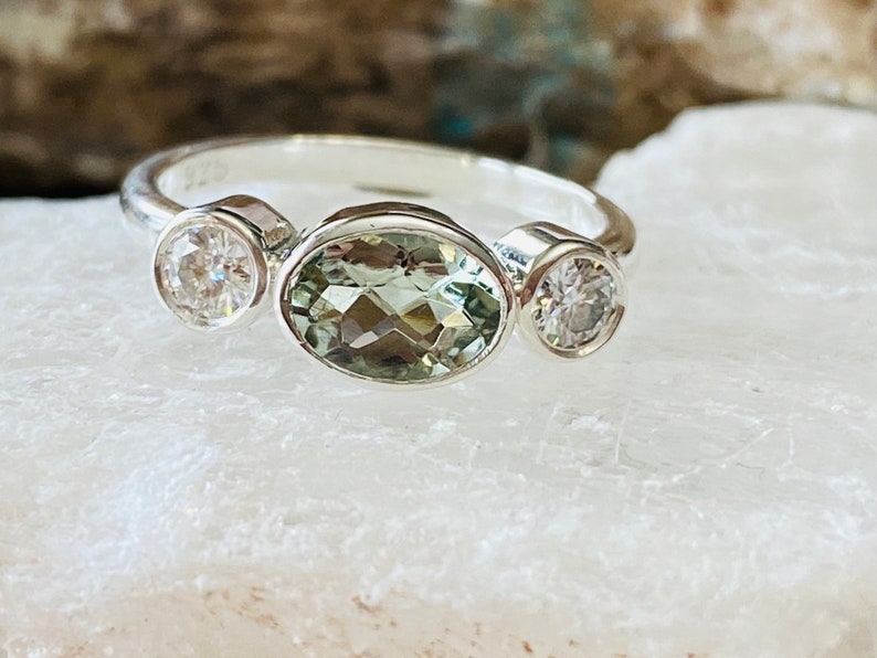 Three Stone Ring Bezel Setting Trio Ring Prasiolite Ring Green Amethyst Ring Unique Engagement Ring