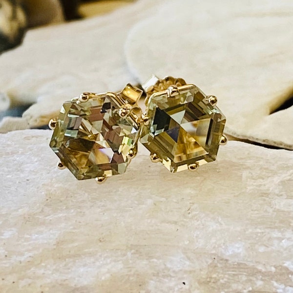 14k Prasiolite Earrings, Prasiolite Stud Earrings, Green Amethyst Earrings, Hexagon Prasiolite Earrings, Bridesmaid Gift