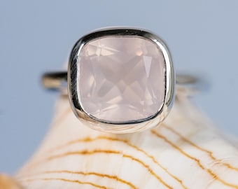 14k Cushion Cut Rose Quartz Ring, Pink Quartz Ring, Statement Ring, Bezel Setting, Sterling Silver