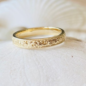Dames trouwring vintage stijl, trouwring bloemen, gouden trouwring, trouwring Milgrain